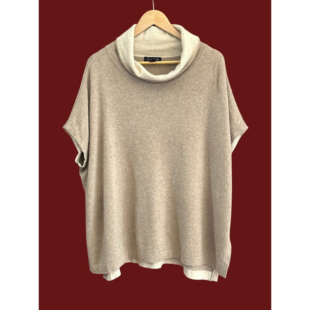 Claudia Nichole Beige Cowl Neck Cashmere Short Sleeve Poncho Sweater Medium